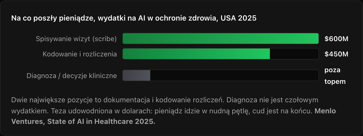 Na co poszły pieniądze, wydatki na AI w ochronie zdrowia w USA w 2025. Spisywanie wizyt 600 mln dolarów, kodowanie i rozliczenia 450 mln dolarów, diagnoza i decyzje kliniczne poza topem. Menlo Ventures, State of AI in Healthcare 2025.